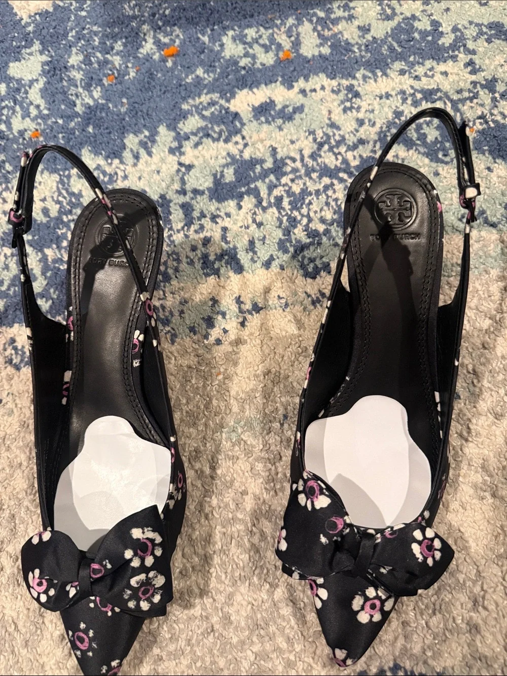 Tory Burch Black Floral Bow Pointed-Toe Slingback Heels size 9.5 brand new